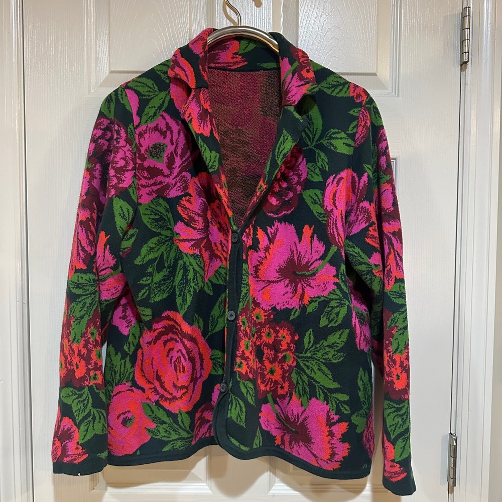 Quacker Factory Floral Knit Cardigan Pink Red Rose Button Front A255830 Green